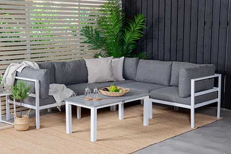 salon de jardin complet aluminium blanc et coussin gris